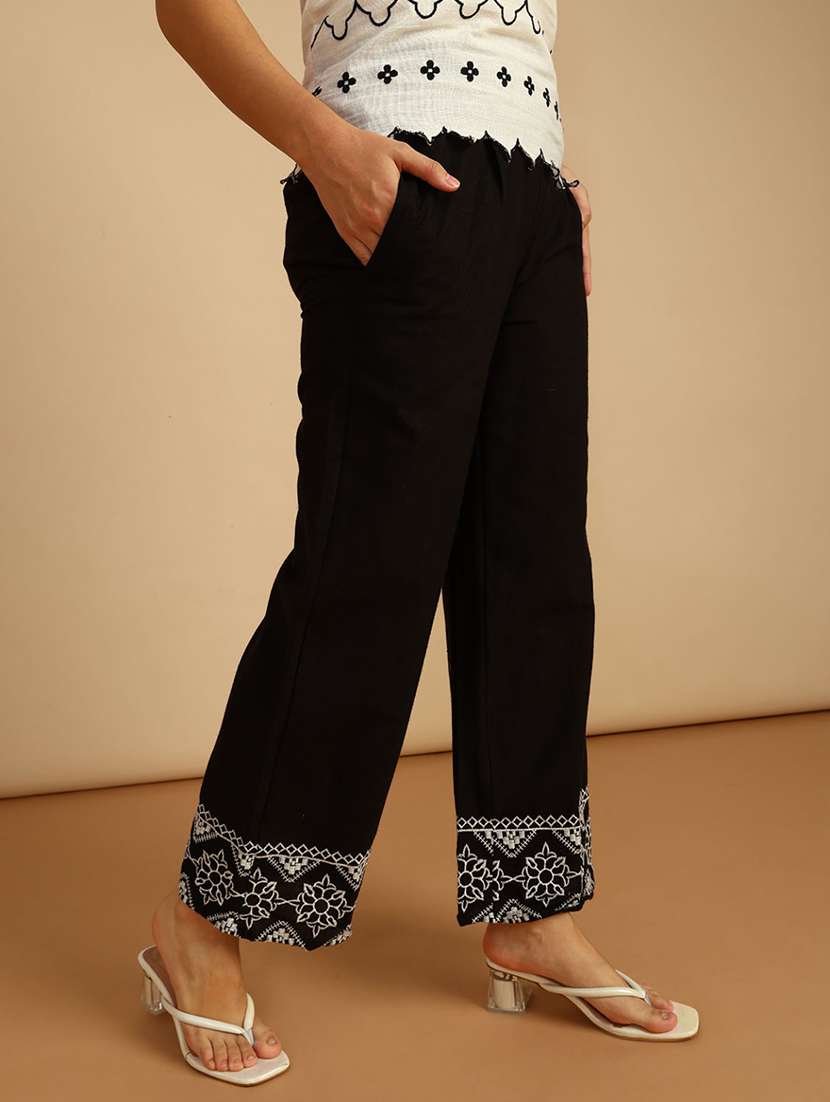 women high rise embroidered hem palazzo