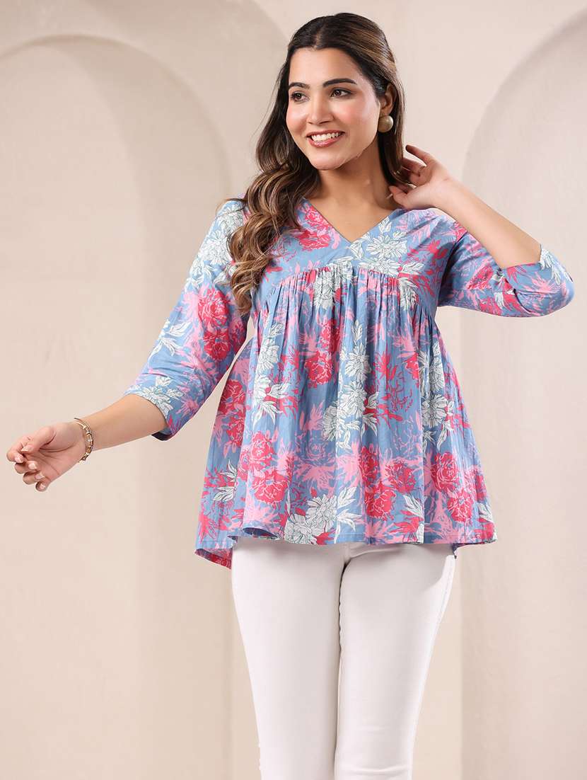 women floral three quarter sleeve ethnic top - 21977277 -  Standard Image - 2