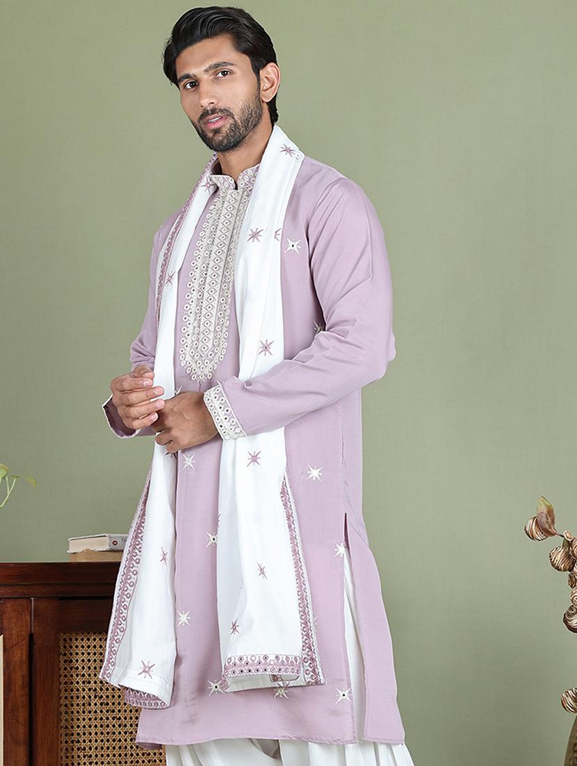 men embroidered mandarin neck kurta with dupatta - 21977400 - Standard Image - 2