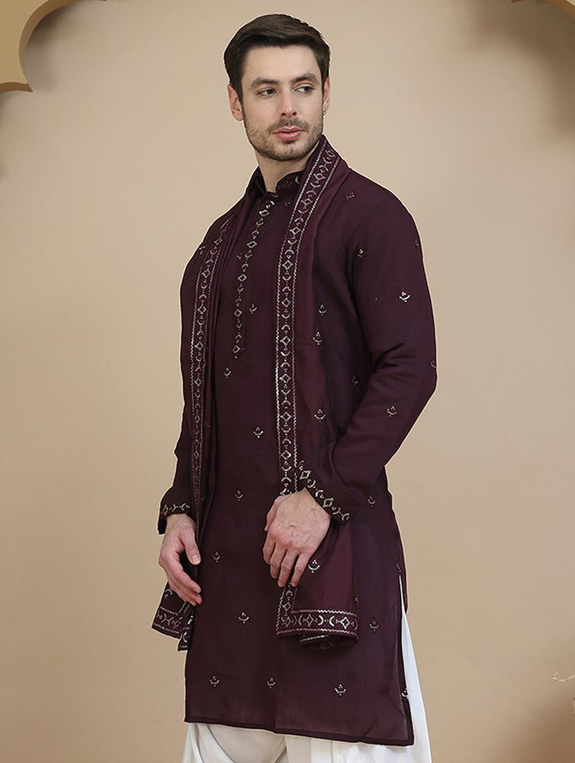 men embroidered mandarin neck kurta with dupatta - 21977404 - Standard Image - 2