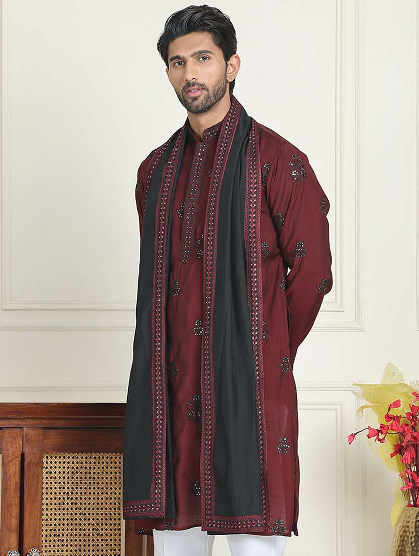 men embroidered mandarin neck kurta with dupatta - 21977406 -  Standard Image - 2