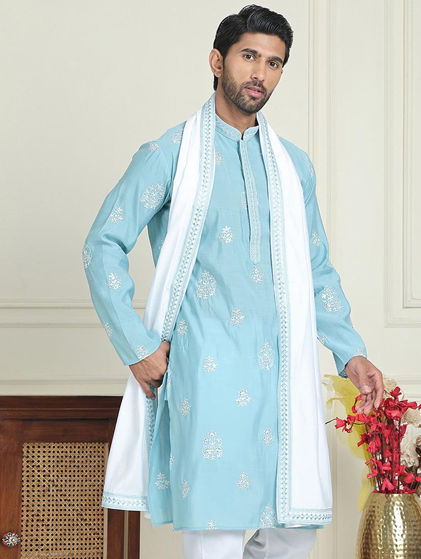 men embroidered mandarin neck kurta with dupatta - 21977408 - Standard Image - 2