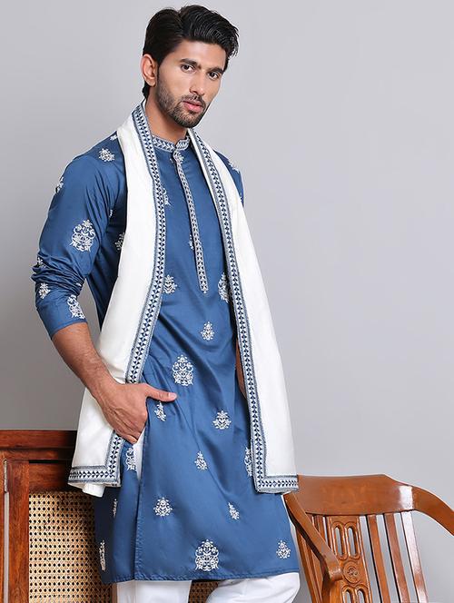 men embroidered mandarin neck kurta with dupatta - 21977409 -  Standard Image - 0
