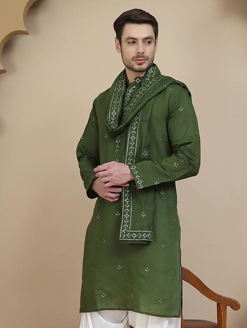 men embroidered mandarin neck kurta with dupatta - 21977413 - Standard Image - 0