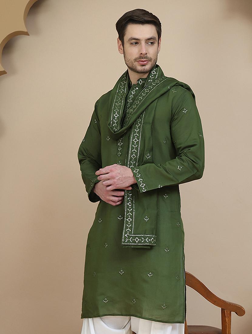 men embroidered mandarin neck kurta with dupatta - 21977413 - Zoom Image - 0