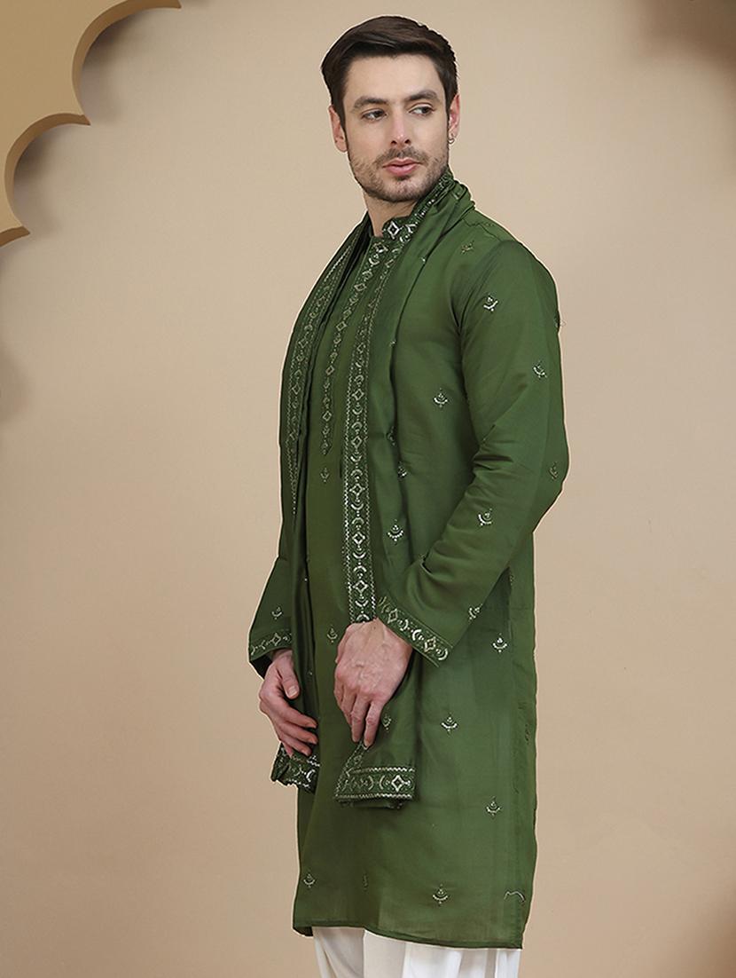 men embroidered mandarin neck kurta with dupatta - 21977413 - Standard Image - 2