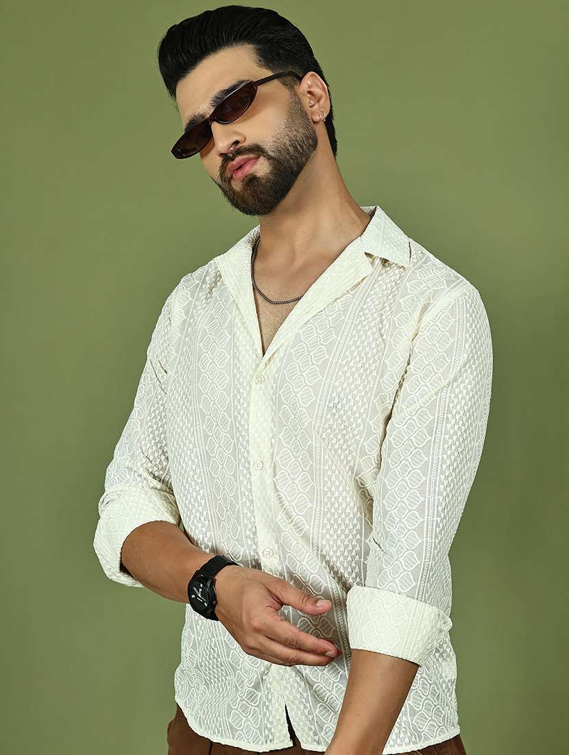 men self design long sleeve regular fit casual shirt