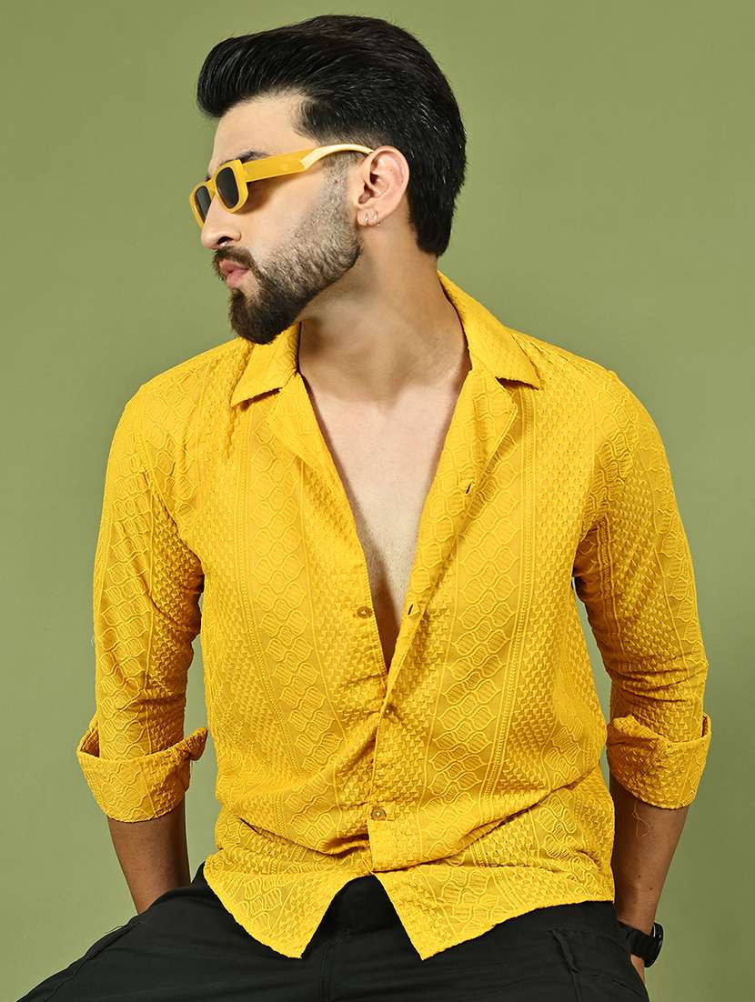 men self design long sleeve regular fit casual shirt