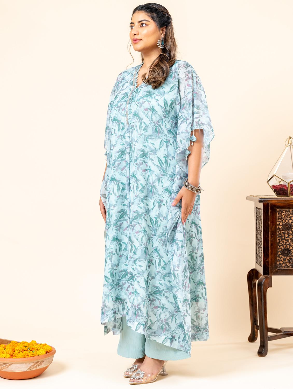 women printed kimono sleeve kaftan kurta pant set - 21977700 - Standard Image - 2