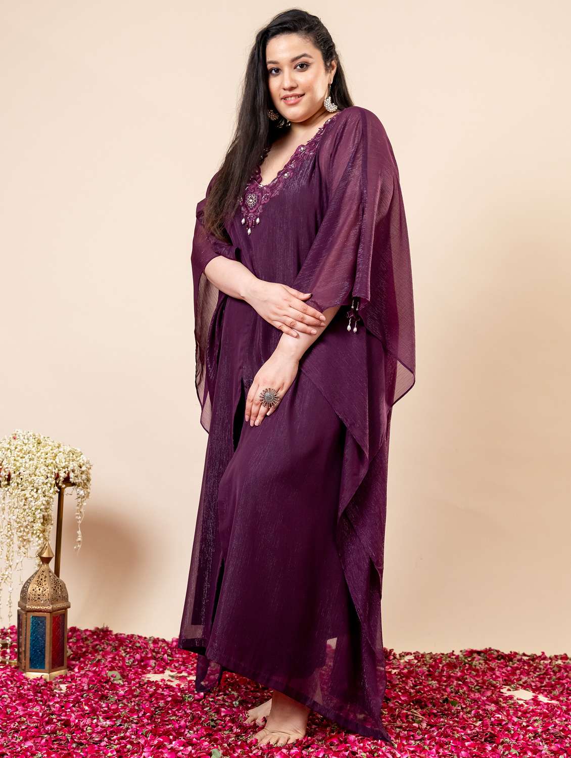 women solid with work kimono sleeve kaftan kurta pant set - 21977711 - Standard Image - 2