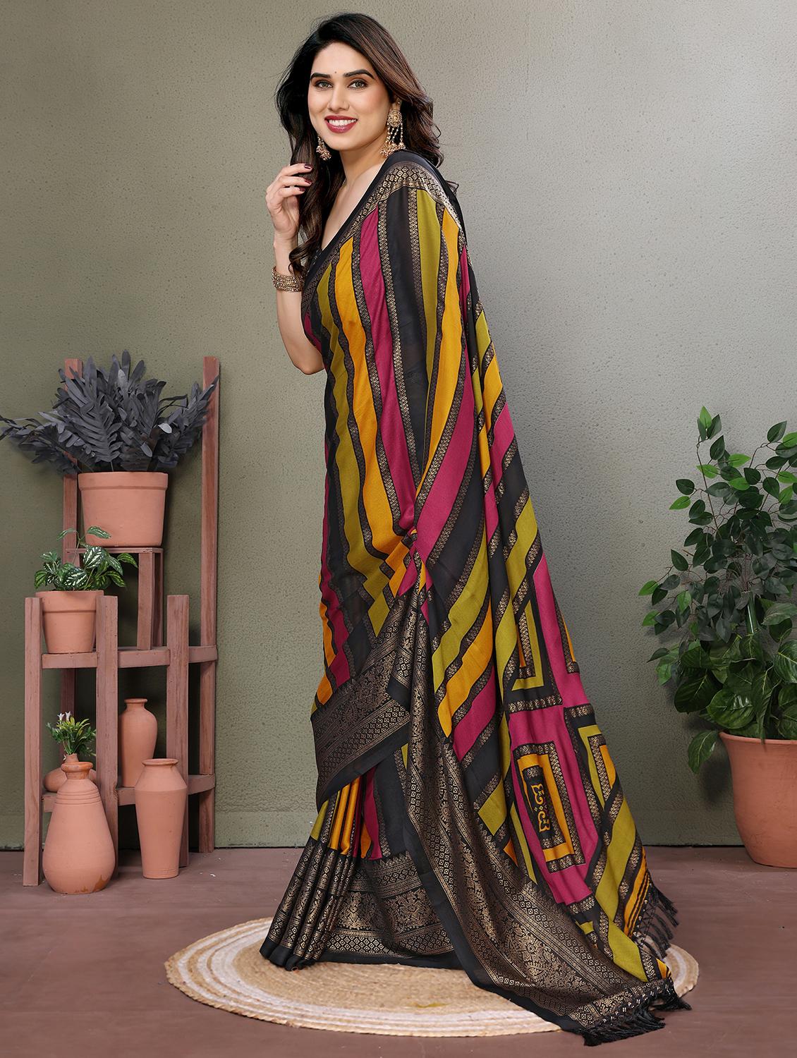 women striped printed saree with blouse - 21977877 - Standard Image - 2
