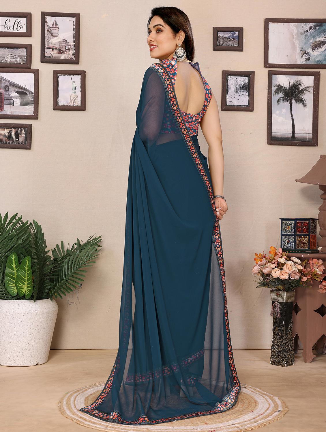 women solid with bordered saree with blouse - 21977892 - Standard Image - 2