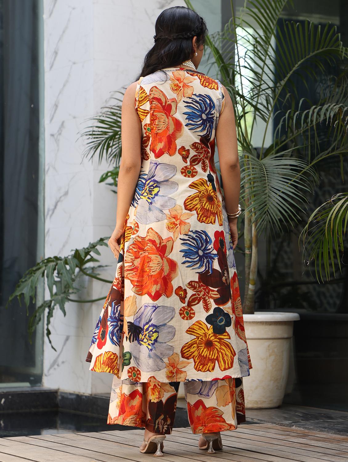 women floral printed sleeveless kurta palazzo set - 21978026 - Standard Image - 2