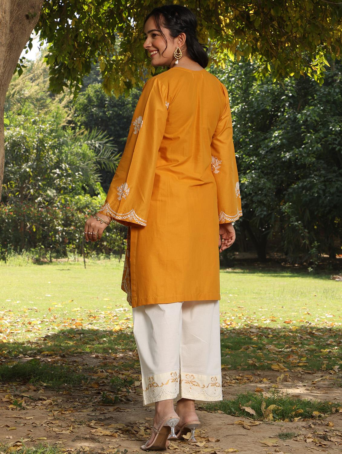 women solid with work long sleeve straight kurta - 21978032 - Standard Image - 2