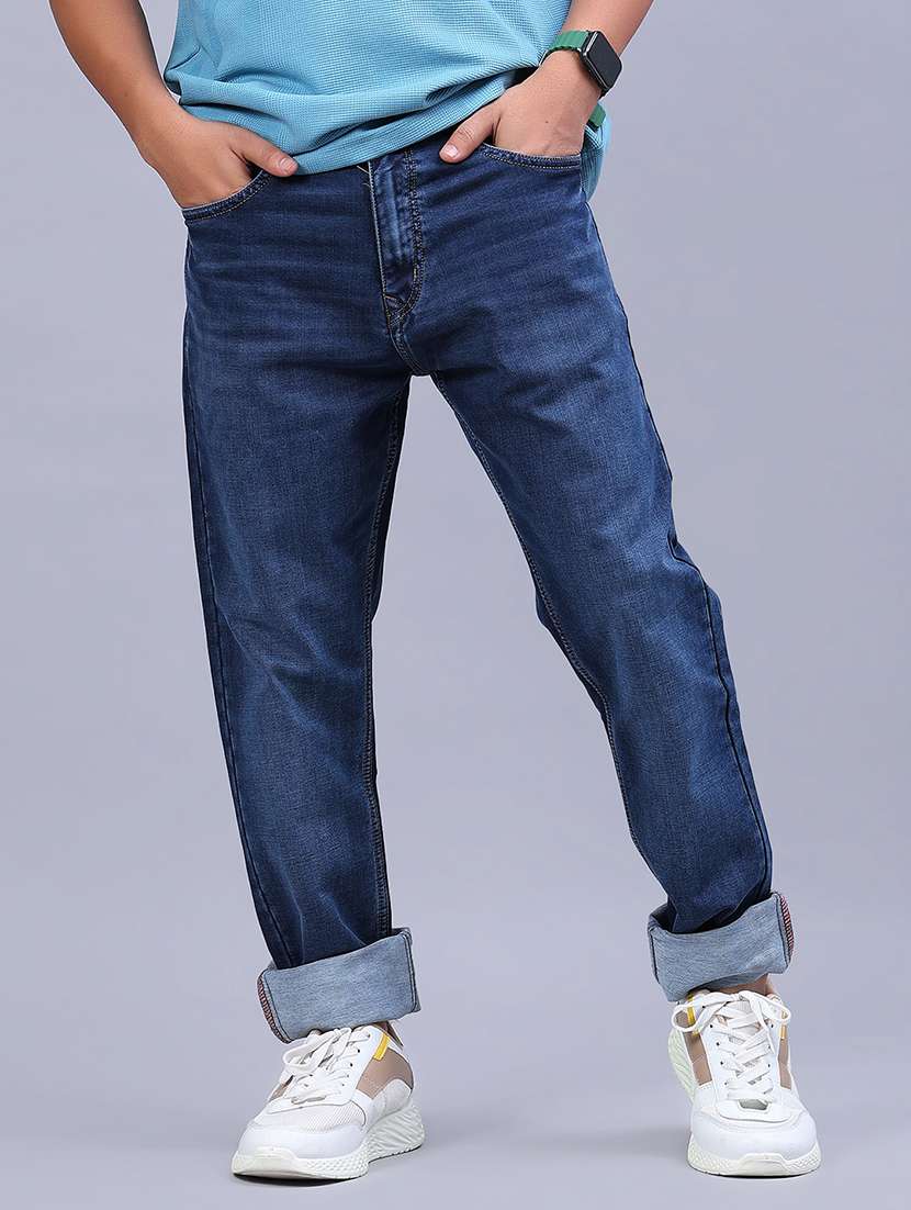 men washed mid rise full length jeans