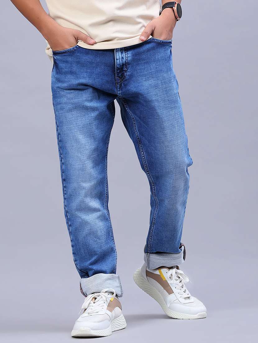 men washed mid rise full length jeans