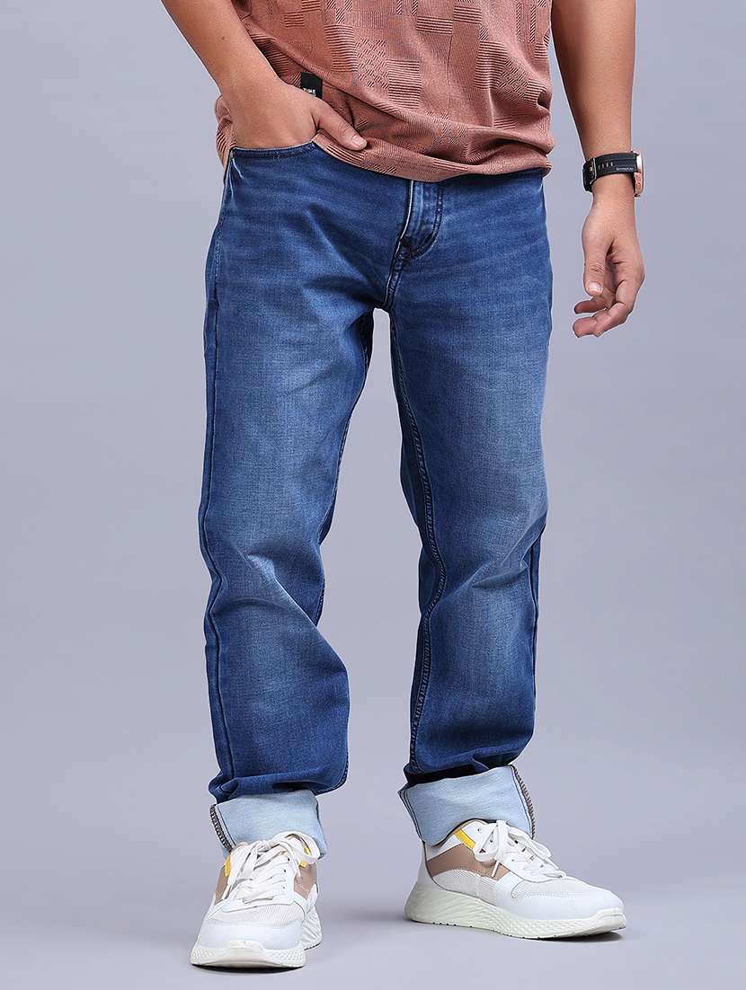 men washed mid rise full length jeans