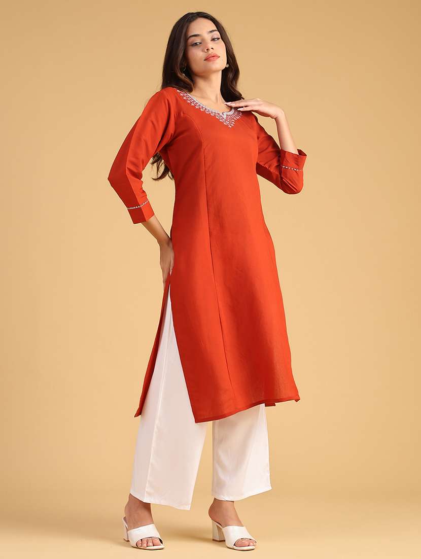 women embroidered three quarter sleeve straight kurta - 21978154 -  Standard Image - 2