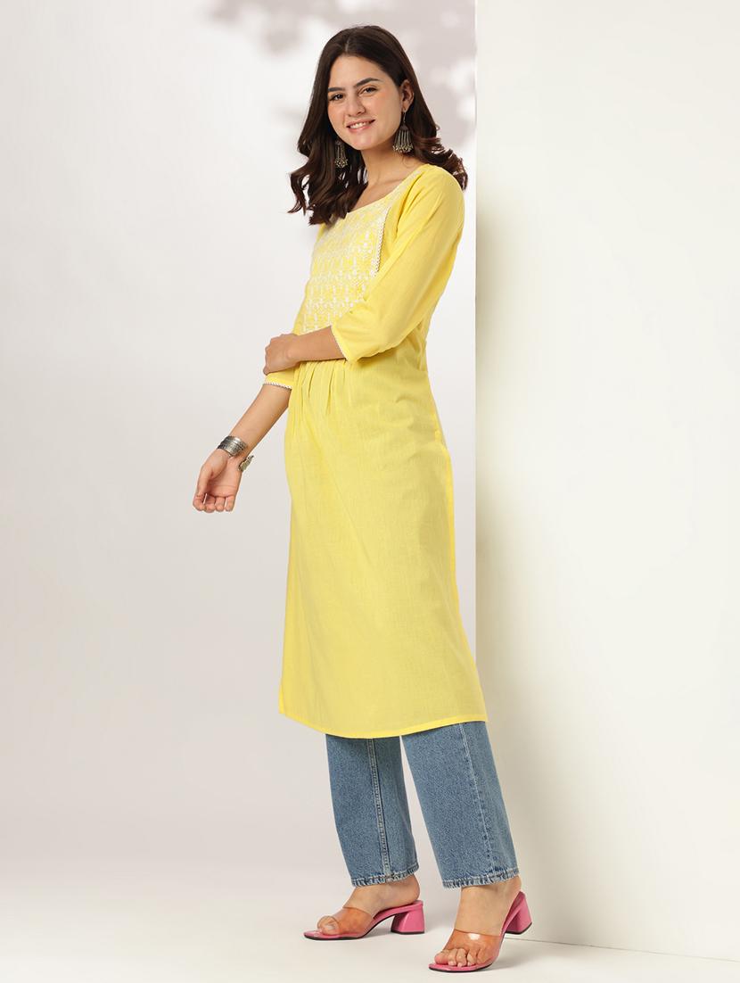 women solid with work three quarter sleeve a-line kurta - 21978438 - Standard Image - 2