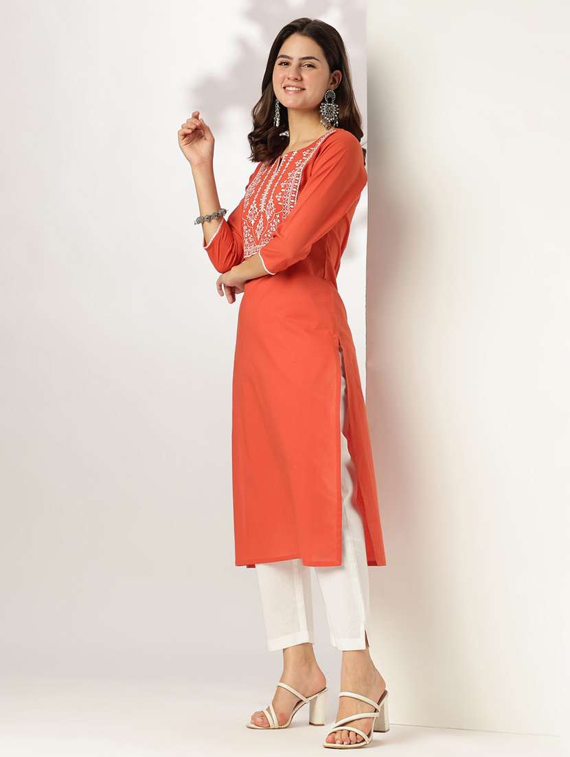 women solid with work three quarter sleeve straight kurta - 21978439 -  Standard Image - 2