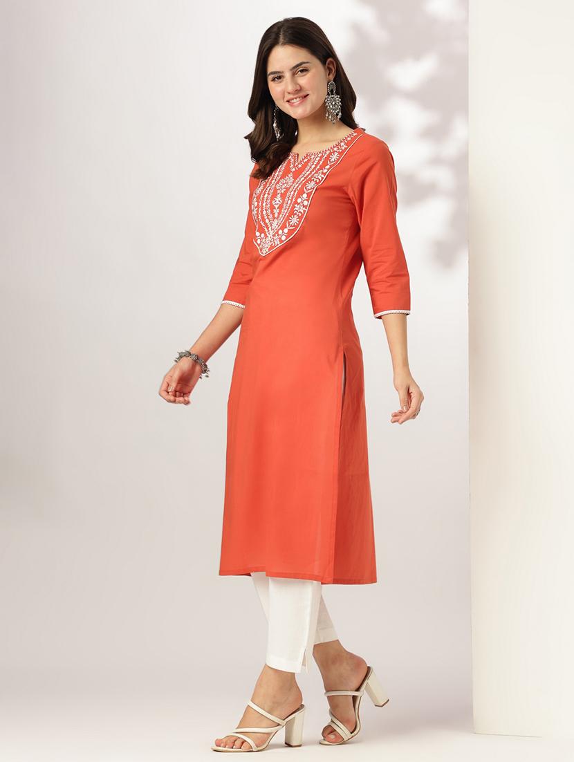 women solid with work three quarter sleeve straight kurta - 21978442 - Standard Image - 2