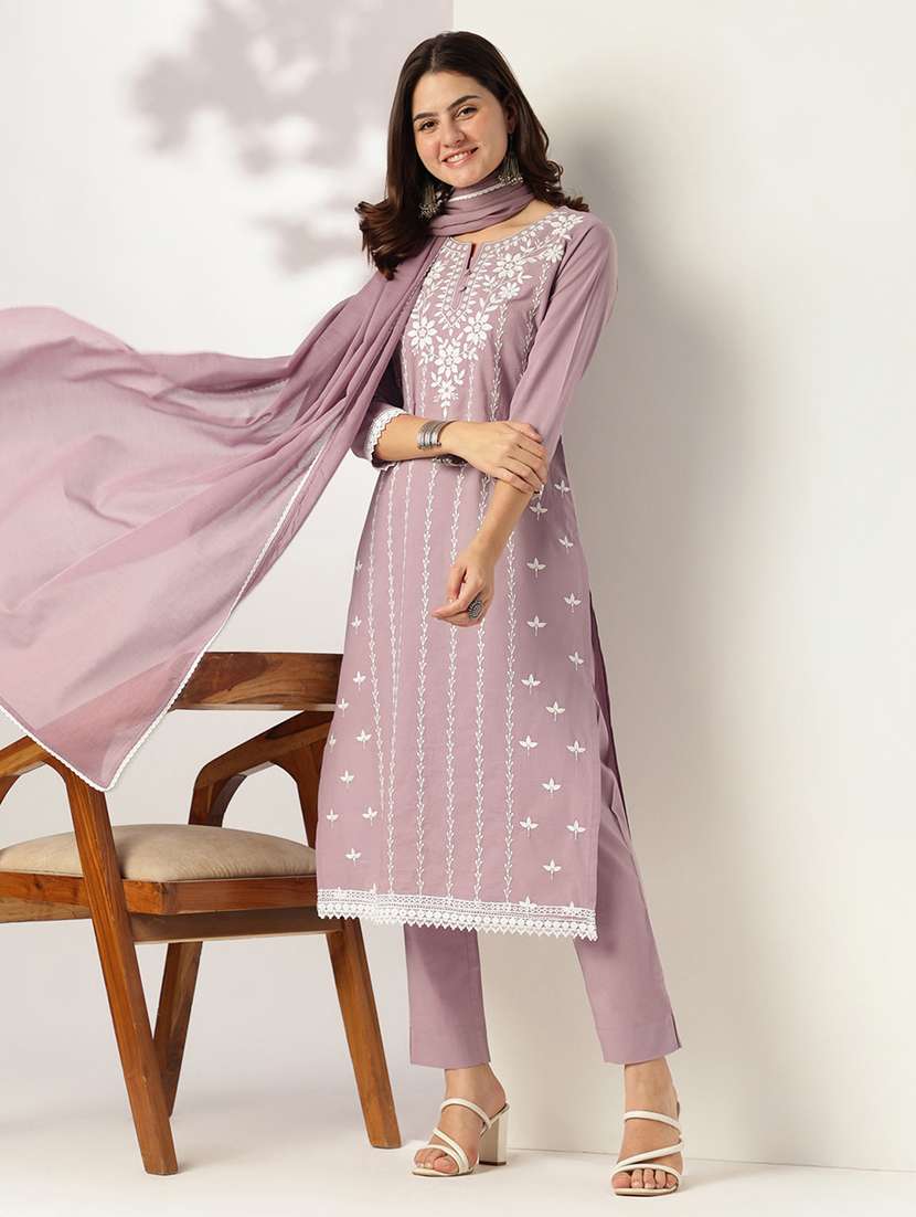 women embroidered three quarter sleeve kurta pant with dupatta set - 21978455 -  Standard Image - 2
