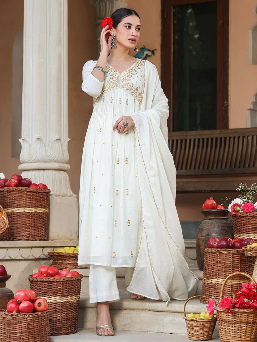 women embroidered three quarter sleeve kurta pant with dupatta set - 21978458 -  Standard Image - 2