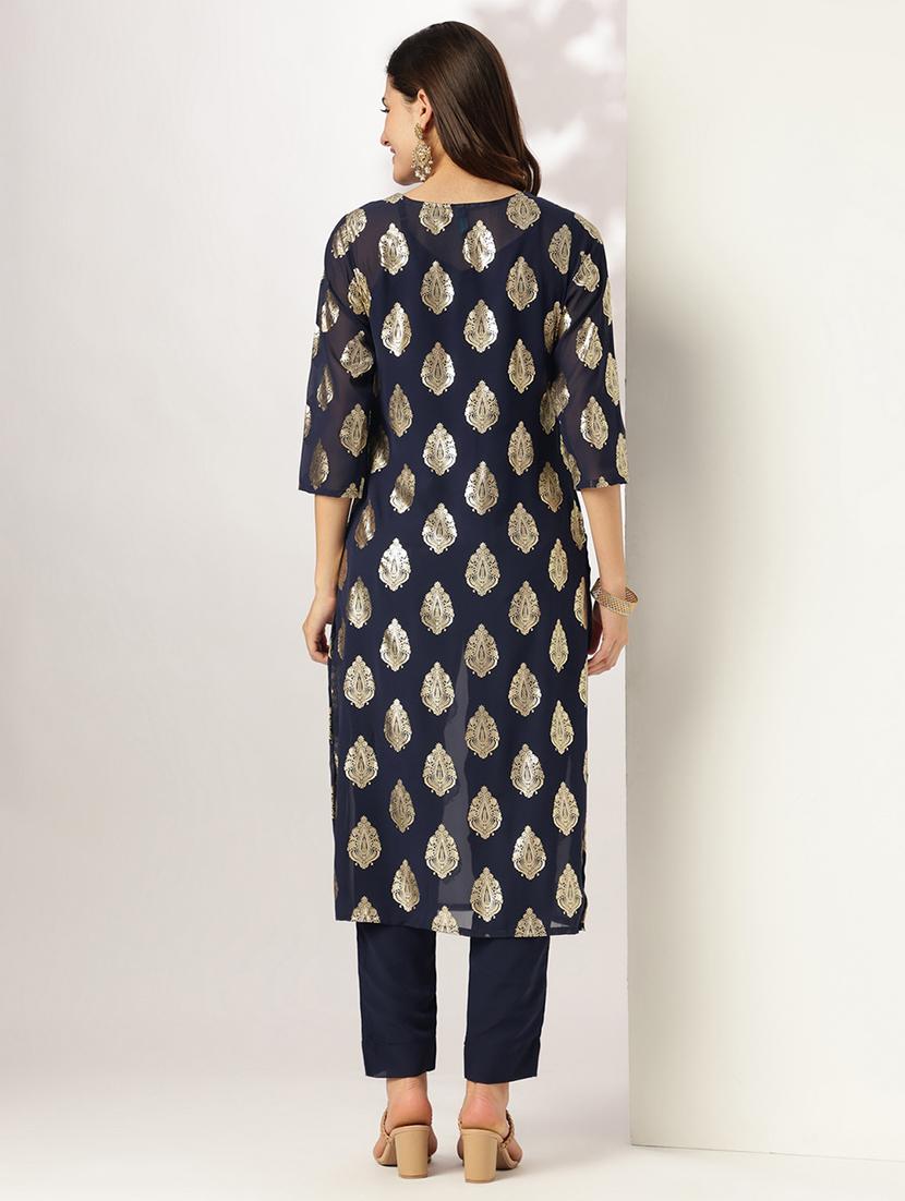 women foil print three quarter sleeve kurta pant with set - 21978461 - Standard Image - 2