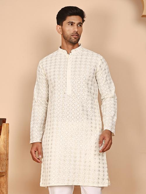 men embroidered mandarin neck long kurta - 21978476 - Standard Image - 0