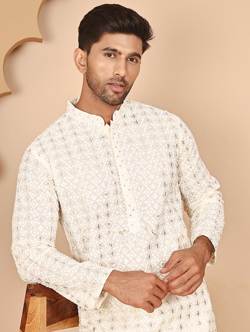 men embroidered mandarin neck long kurta - 21978476 - Standard Image - 2