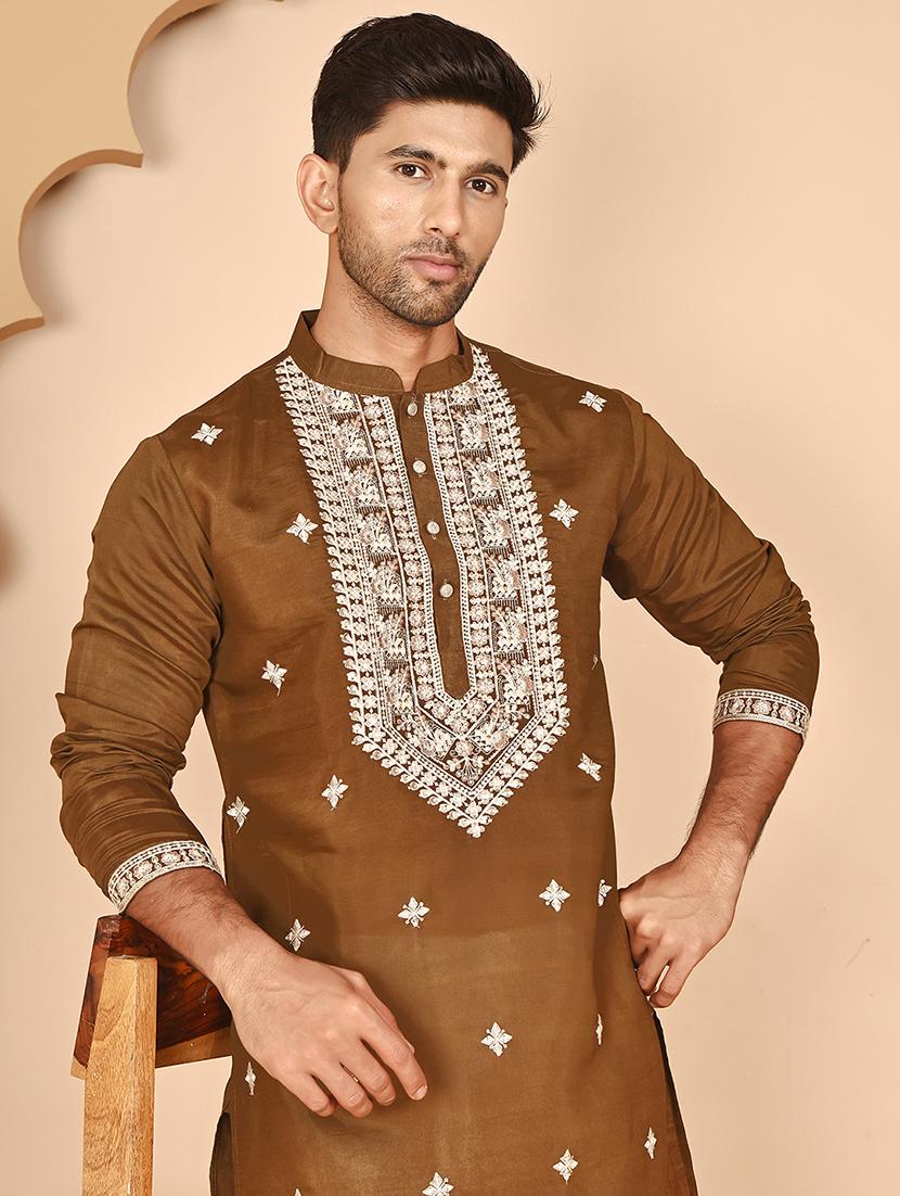 men embroidered mandarin neck long kurta - 21978479 - Standard Image - 2
