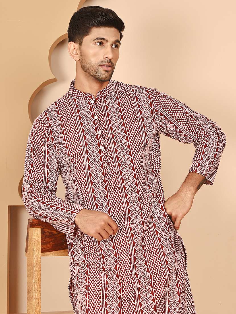 men embroidered mandarin neck long kurta - 21978480 - Standard Image - 2