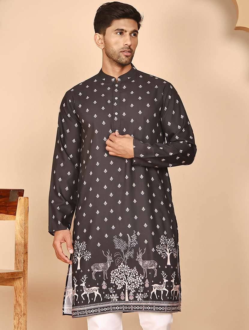 men printed mandarin neck long kurta