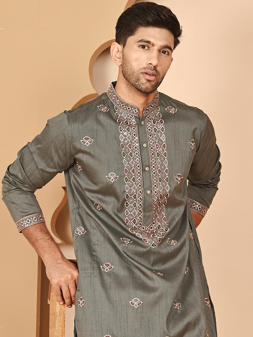 men solid with work mandarin neck long kurta - 21978494 - Standard Image - 2
