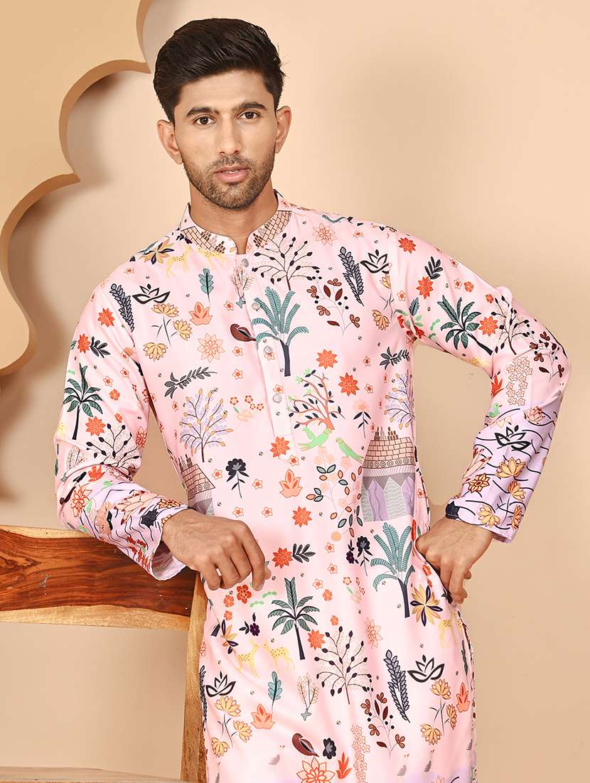 men floral printed mandarin neck long kurta - 21978496 -  Standard Image - 2