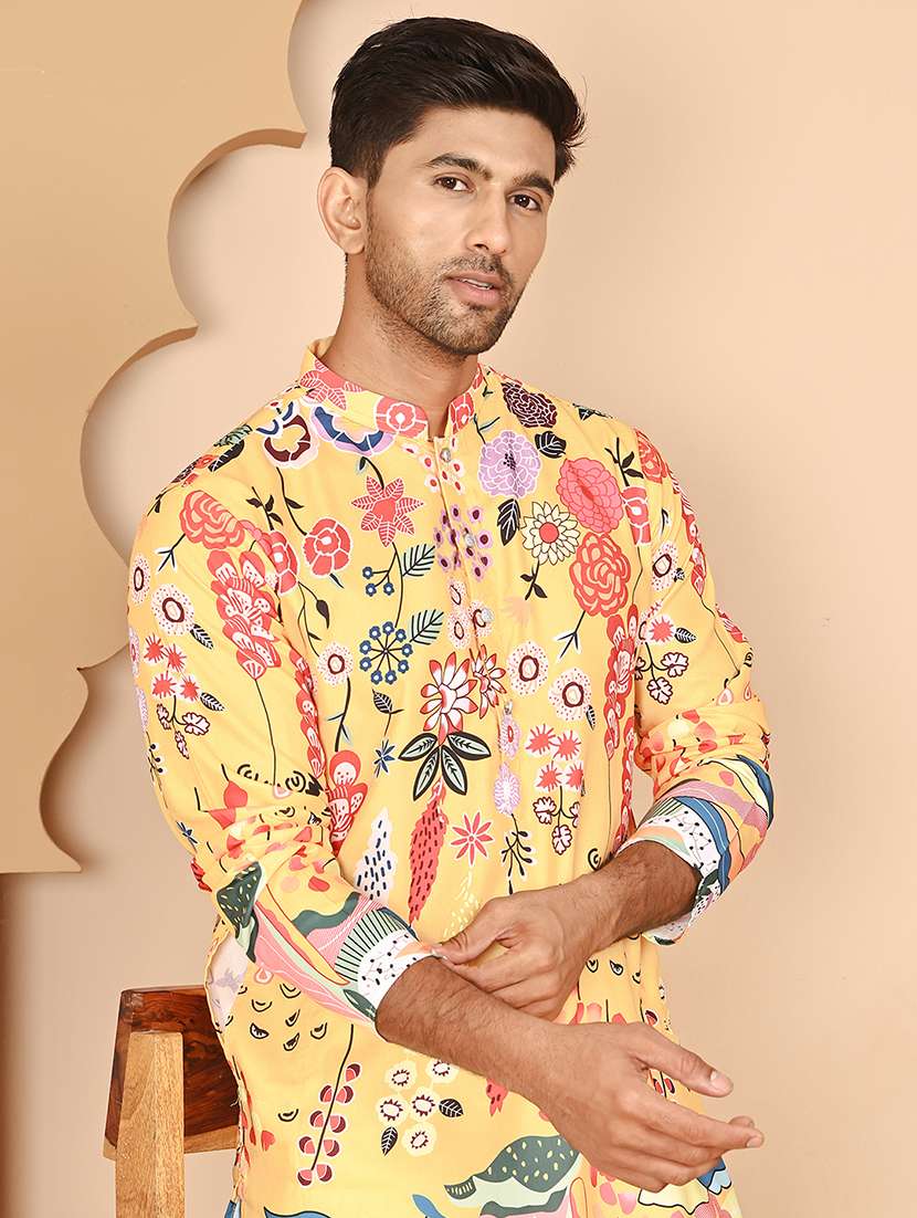 men floral printed mandarin neck long kurta - 21978497 -  Standard Image - 2