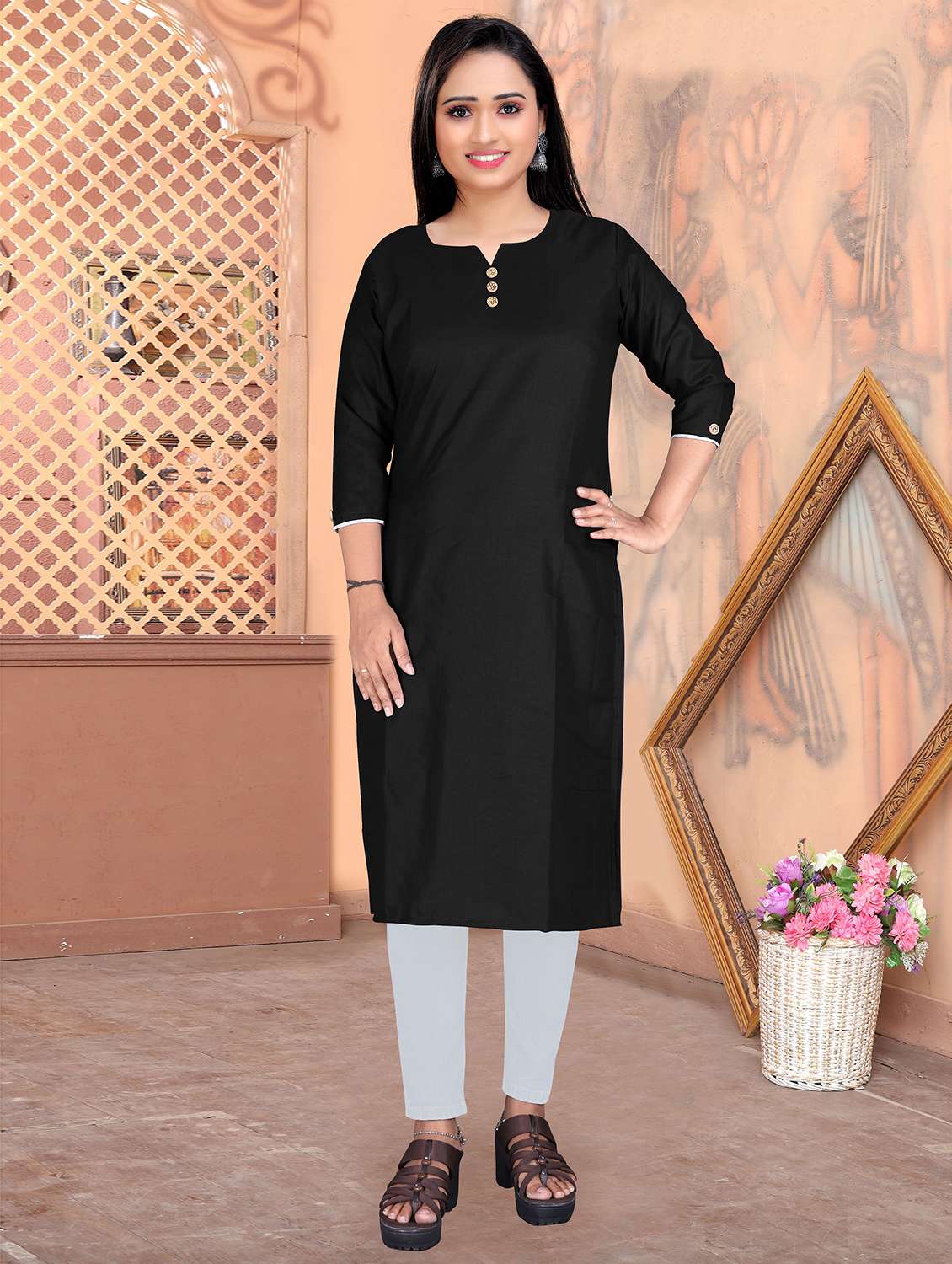 women solid three quarter sleeve straight kurta - 21978501 -  Zoom Image - 0