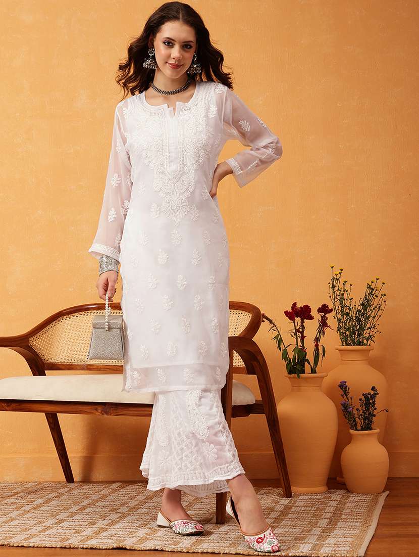 women chikankari long sleeve kurta palazzo set