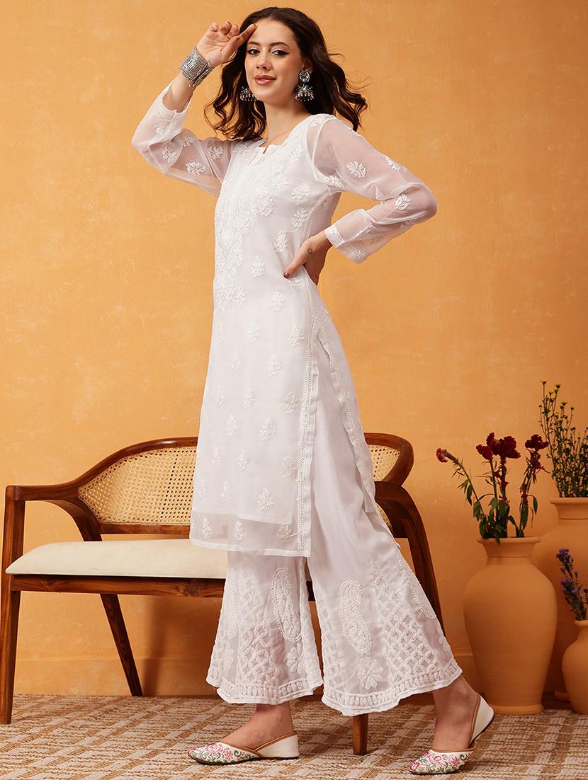 women chikankari long sleeve kurta palazzo set - 21978552 - Standard Image - 2