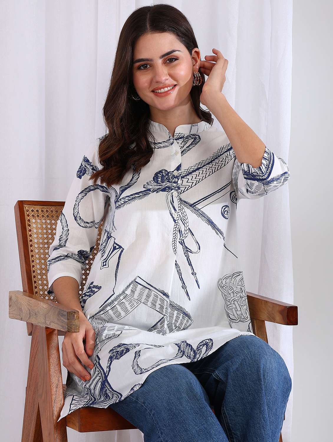women printed three quarter sleeve a-line kurti