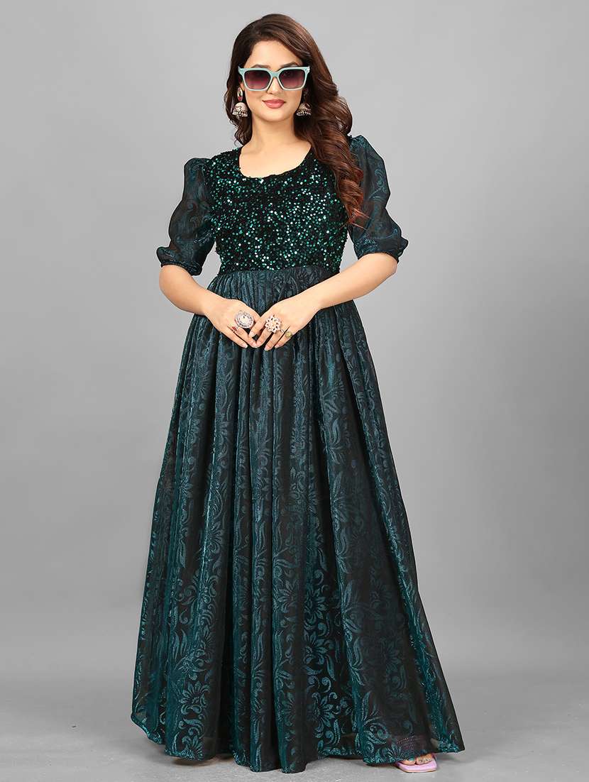 women floral sequenced work semi stitched flared gown