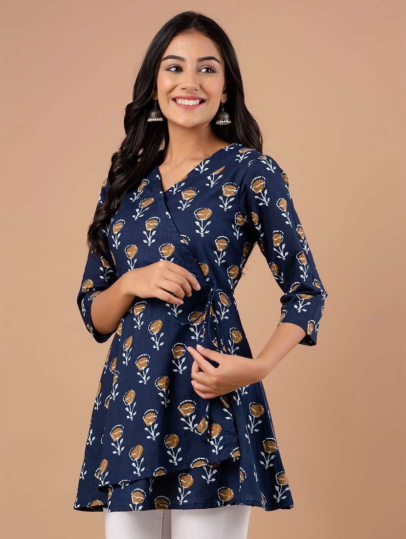 women printed three quarter sleeve angrakha kurti - 21978622 -  Standard Image - 2