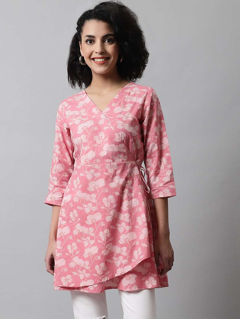 women printed three quarter sleeve angrakha kurti