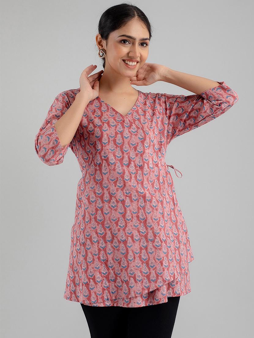 women printed three quarter sleeve angrakha kurti - 21978630 - Standard Image - 2