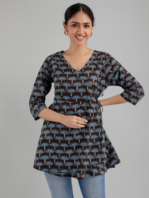 women printed three quarter sleeve angrakha kurti - 21978631 -  Standard Image - 0