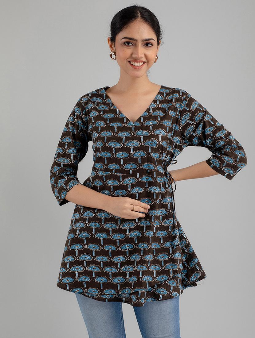 women printed three quarter sleeve angrakha kurti - 21978631 -  Zoom Image - 0