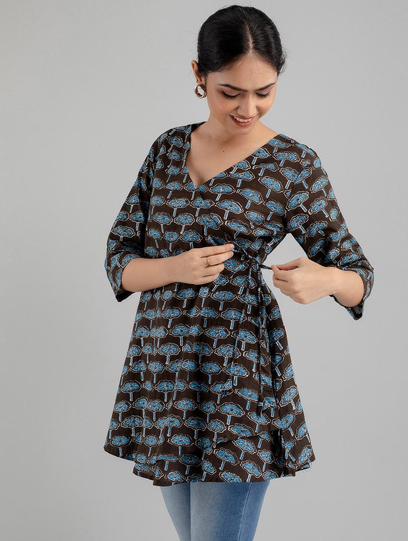 women printed three quarter sleeve angrakha kurti - 21978631 - Standard Image - 2