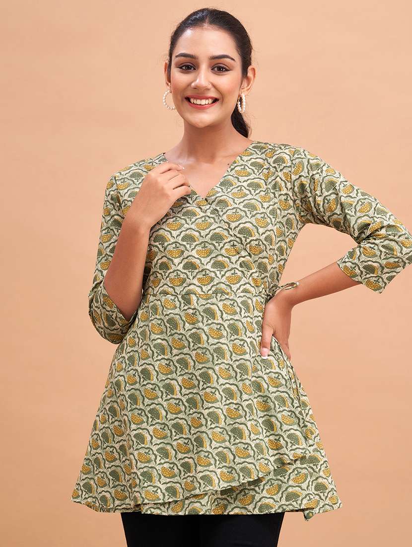 women printed three quarter sleeve angrakha kurti