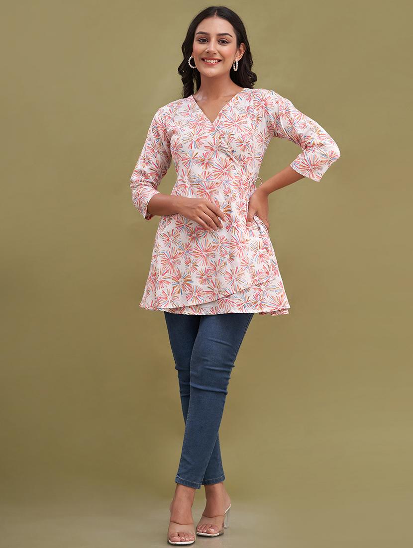 women printed three quarter sleeve angrakha kurti - 21978638 - Standard Image - 2