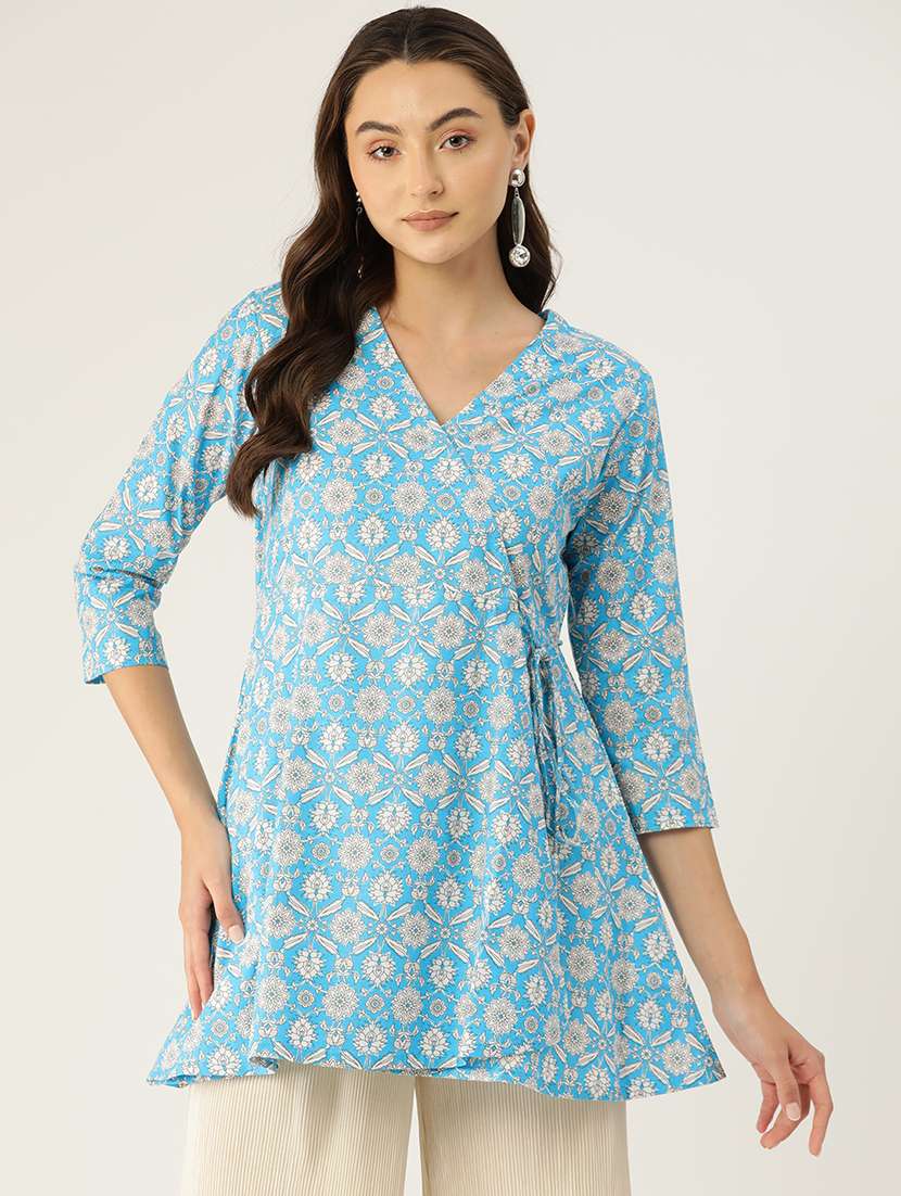 women printed three quarter sleeve angrakha kurti